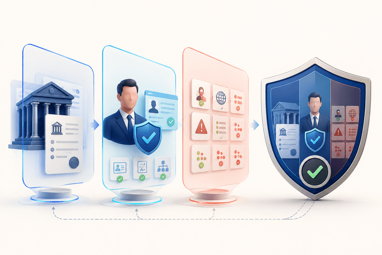 Four-stage company onboarding architecture from registry discovery through identity and risk verification
