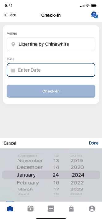 BLOC check-in screen with venue and date picker