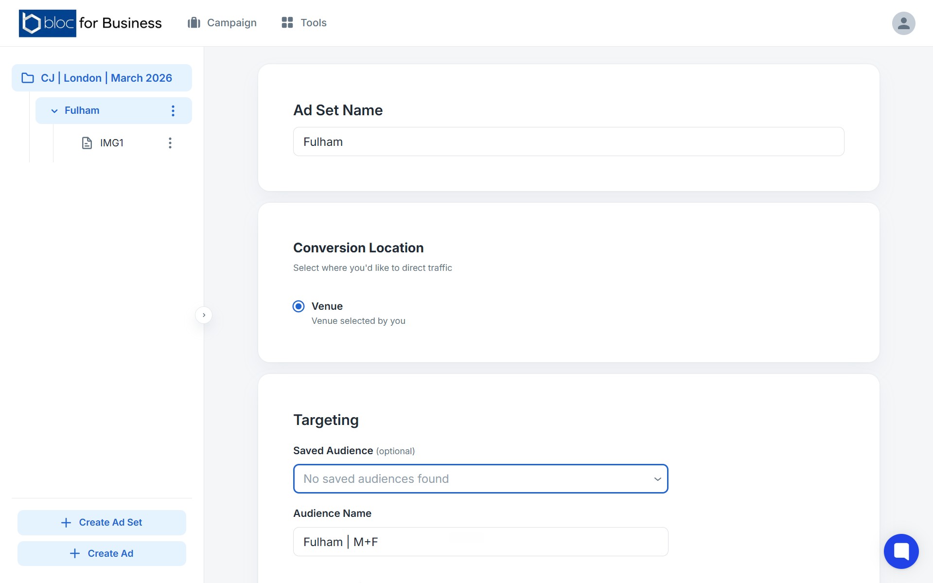 Bloc for Business ad set targeting and audience