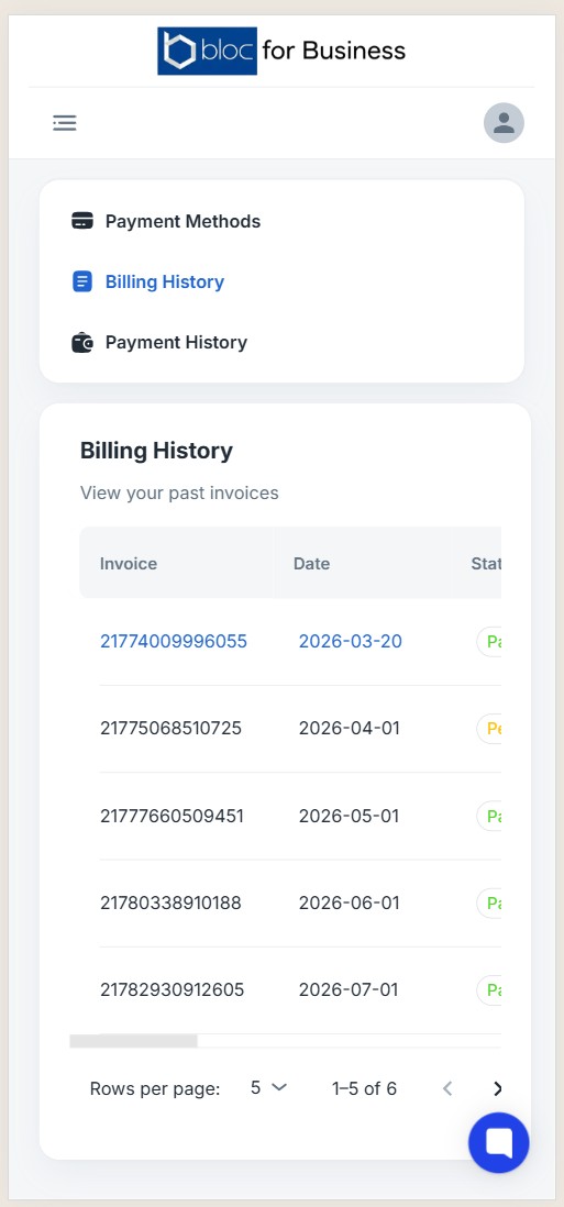 Bloc for Business billing on mobile