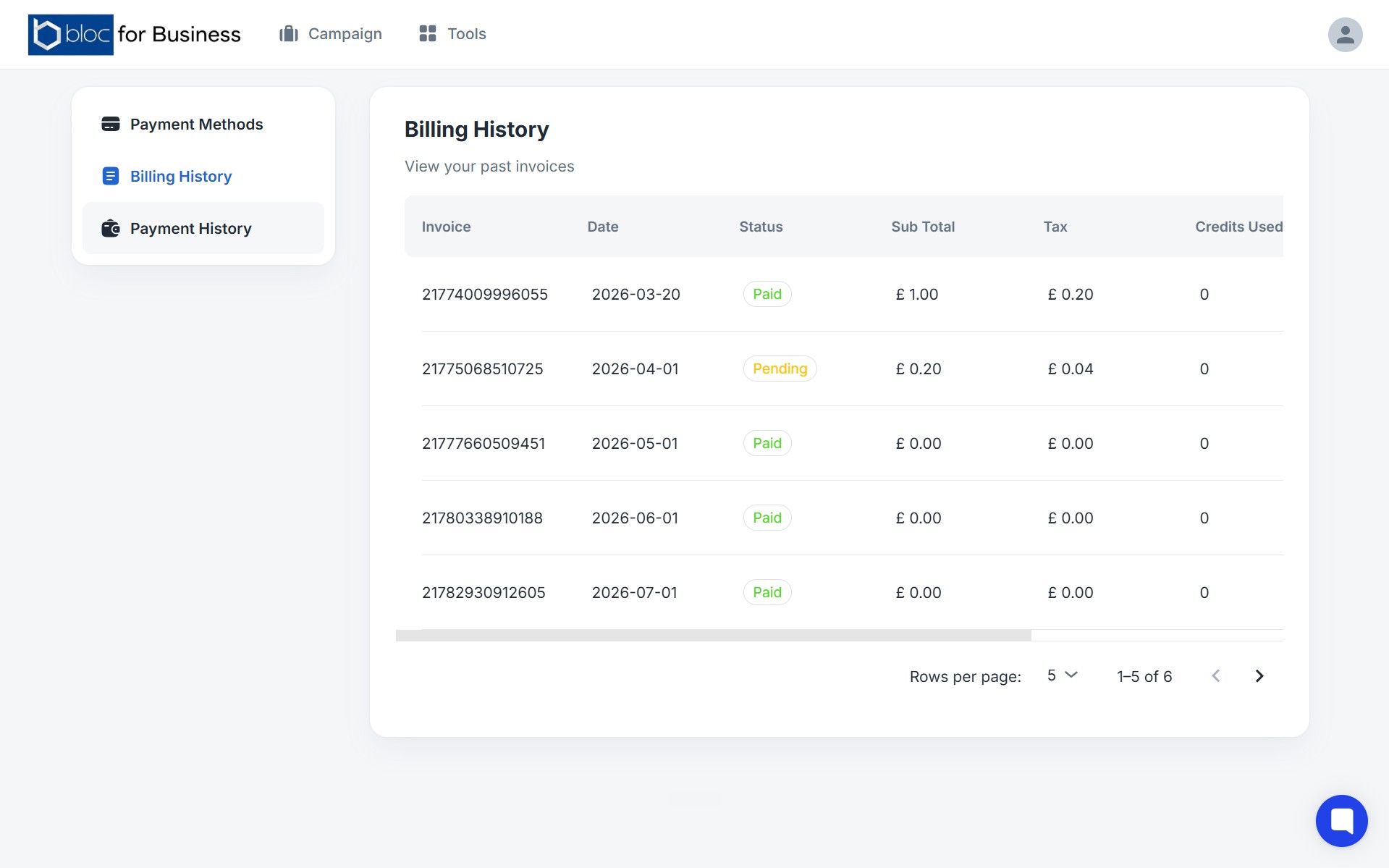 Bloc for Business billing history with invoices, VAT and credits