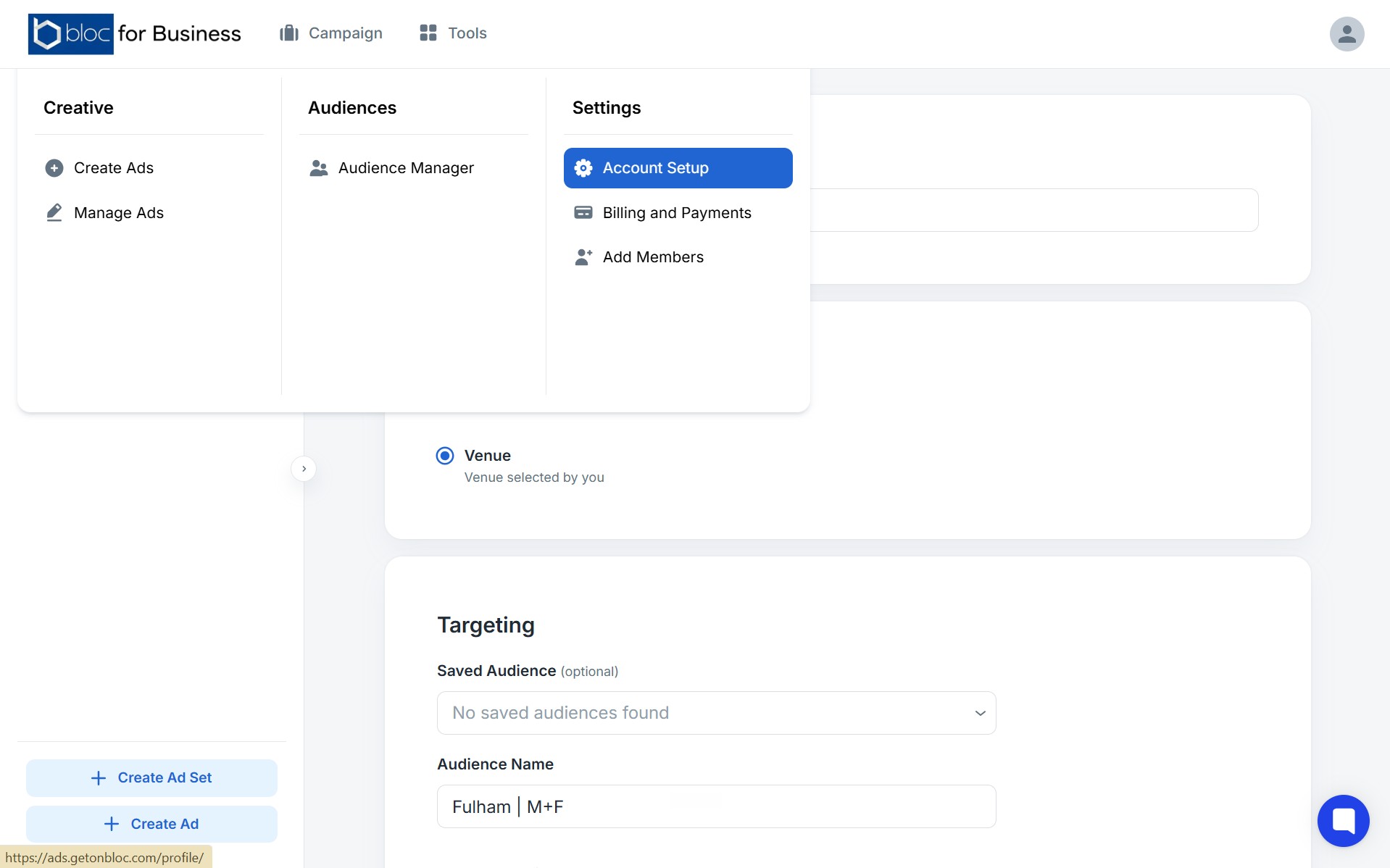 Bloc for Business tools menu — creative, audiences, settings