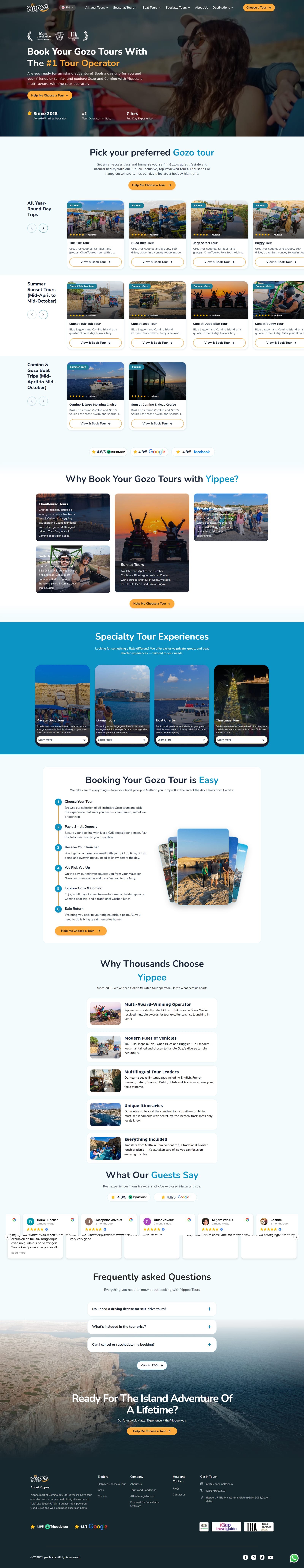 Yippee Malta homepage — custom WordPress build with mobile-first design and booking widget