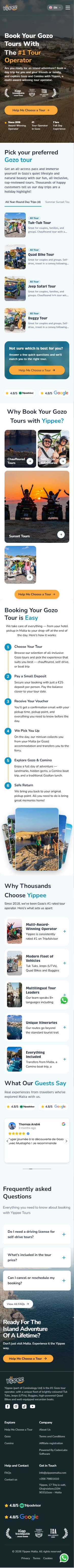 Yippee Malta homepage on mobile — booking entry point and social proof above the fold