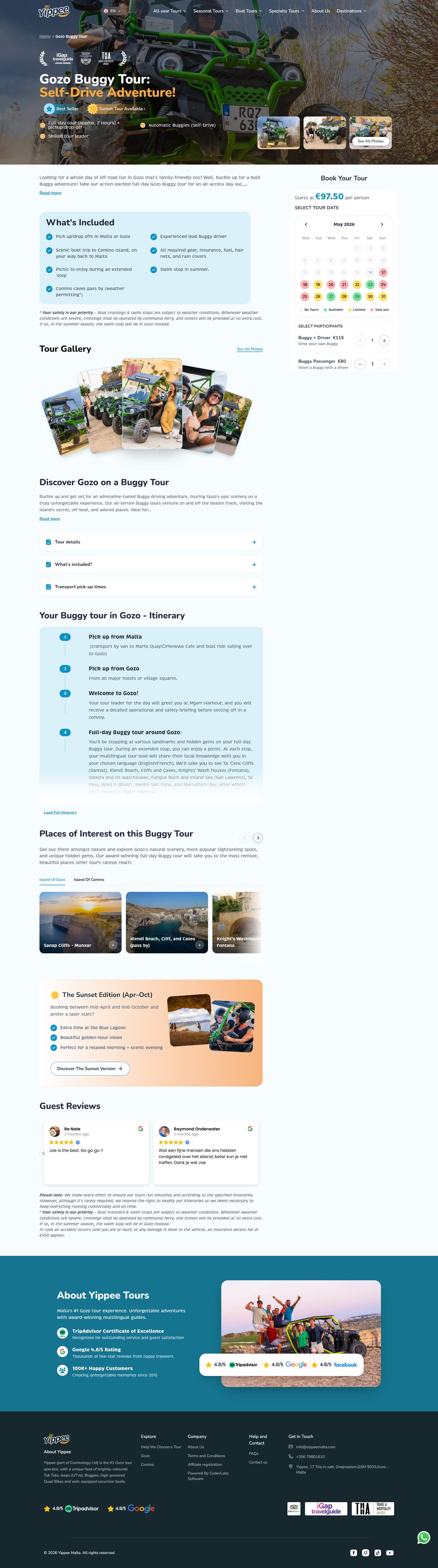 Gozo Buggy Tour detail page with live booking widget — date picker, participant selection, real-time availability