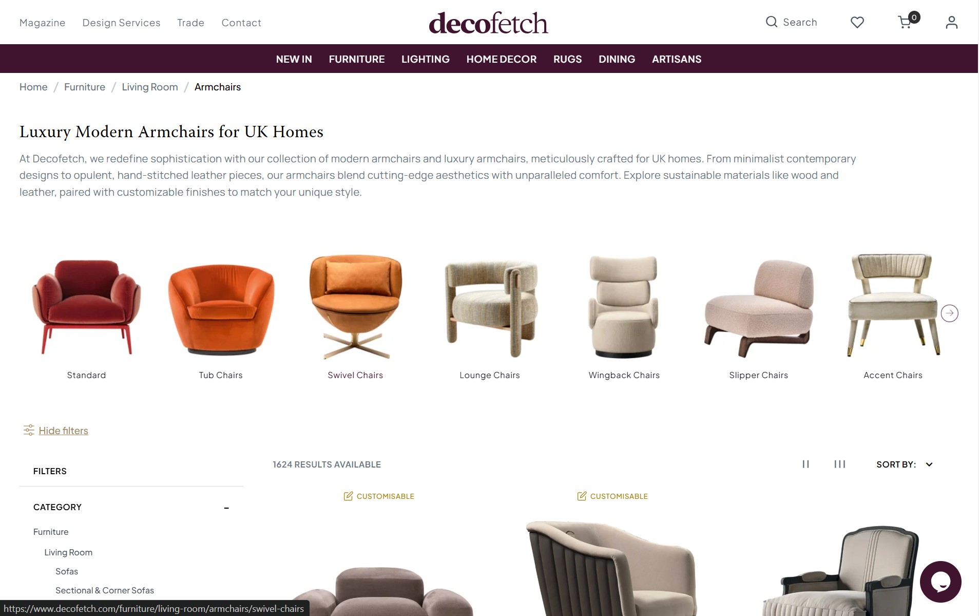 Decofetch armchairs listing with filters