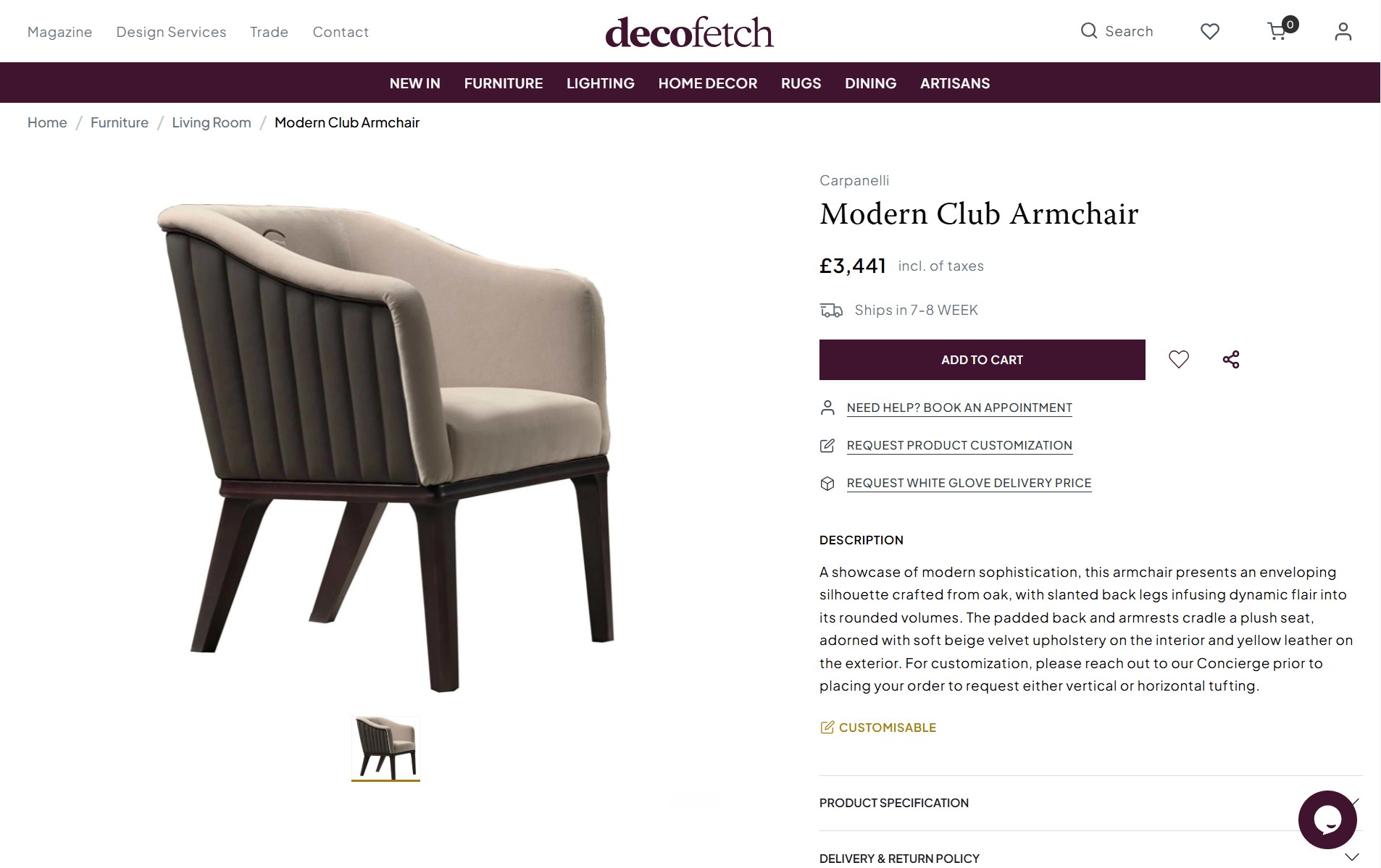 Decofetch product detail page for a designer armchair