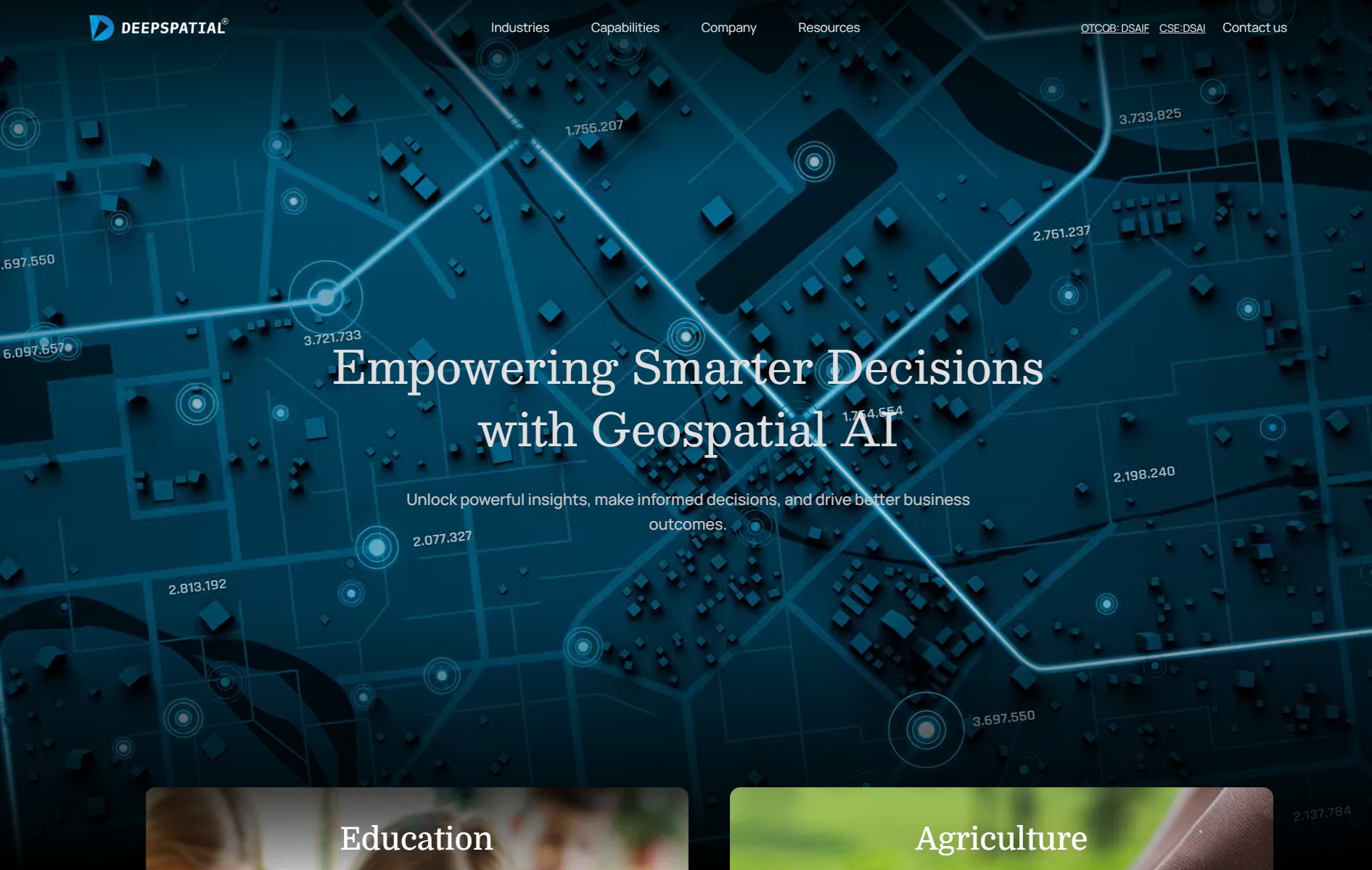 DeepSpatial homepage — a data-driven geospatial hero over the industries it serves