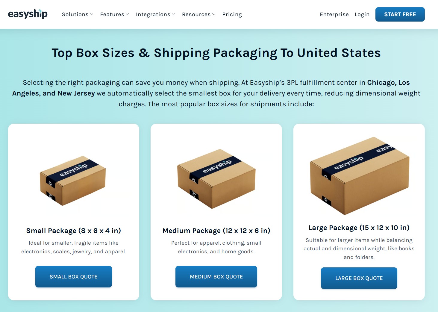 Easyship box-size and packaging guide page for US shipments