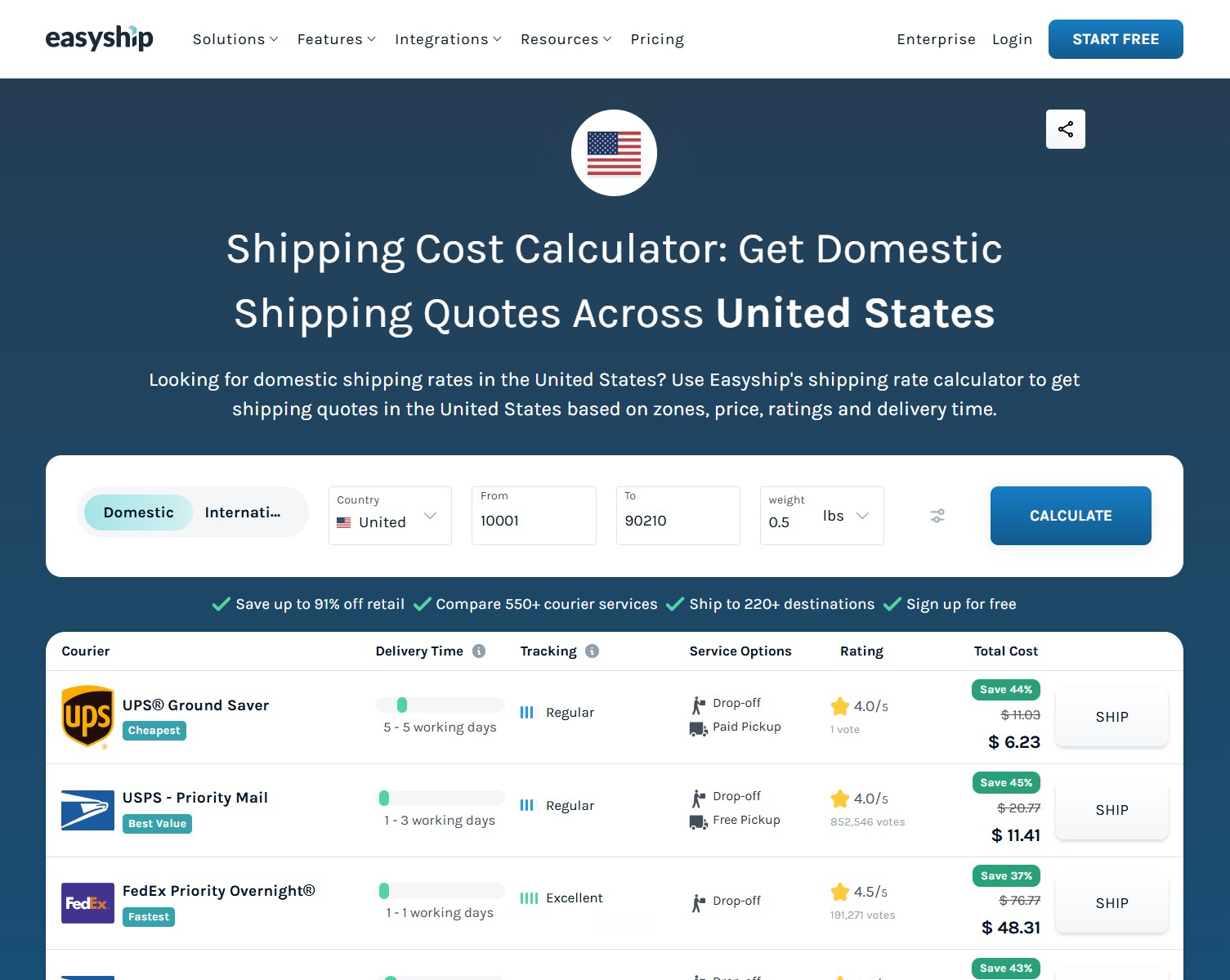 Easyship shipping cost calculator with UPS, USPS and FedEx rate comparison