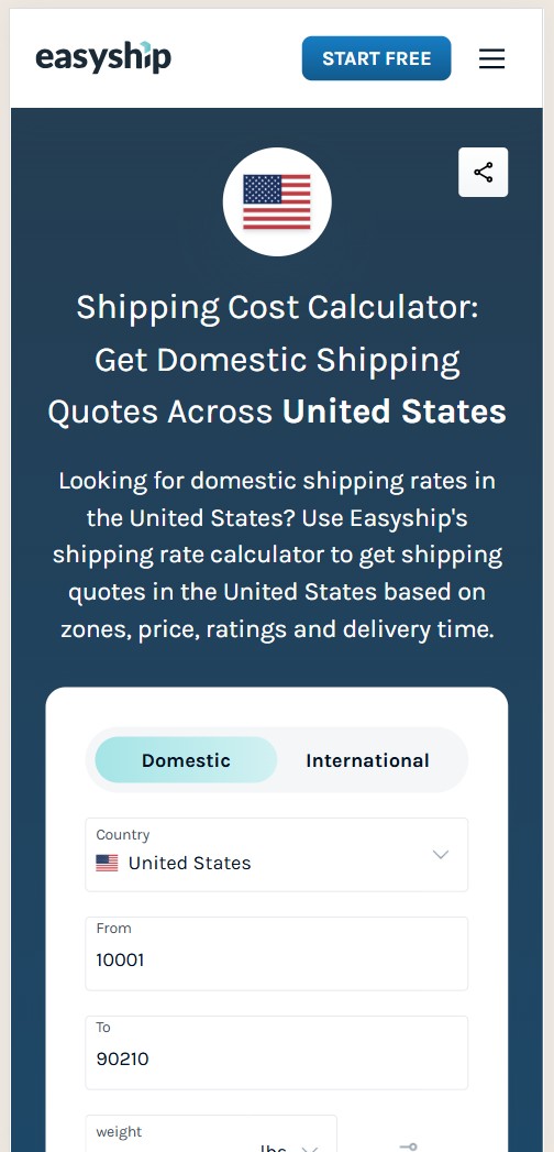 Easyship shipping cost calculator on mobile