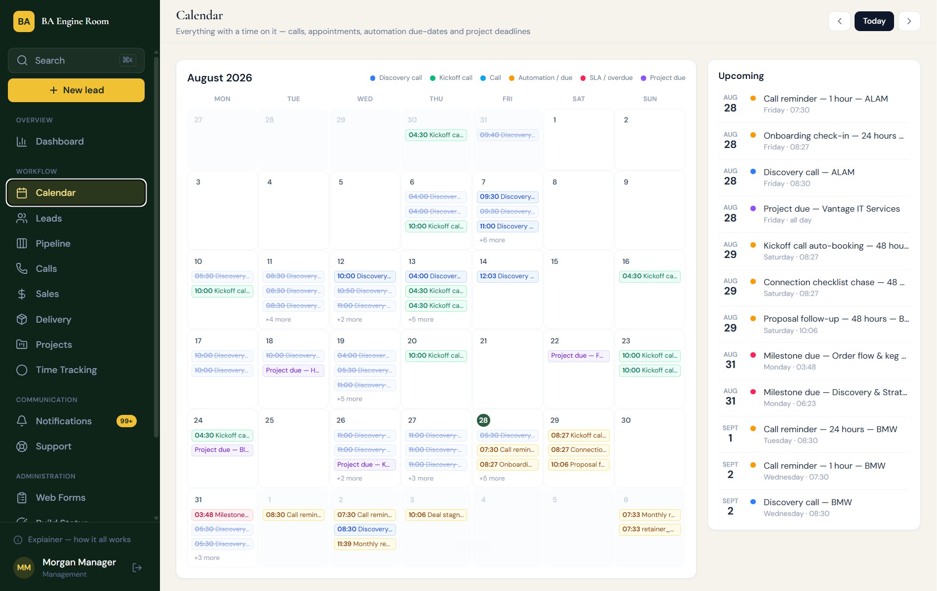 BA Engine Room calendar of calls, automations and deadlines