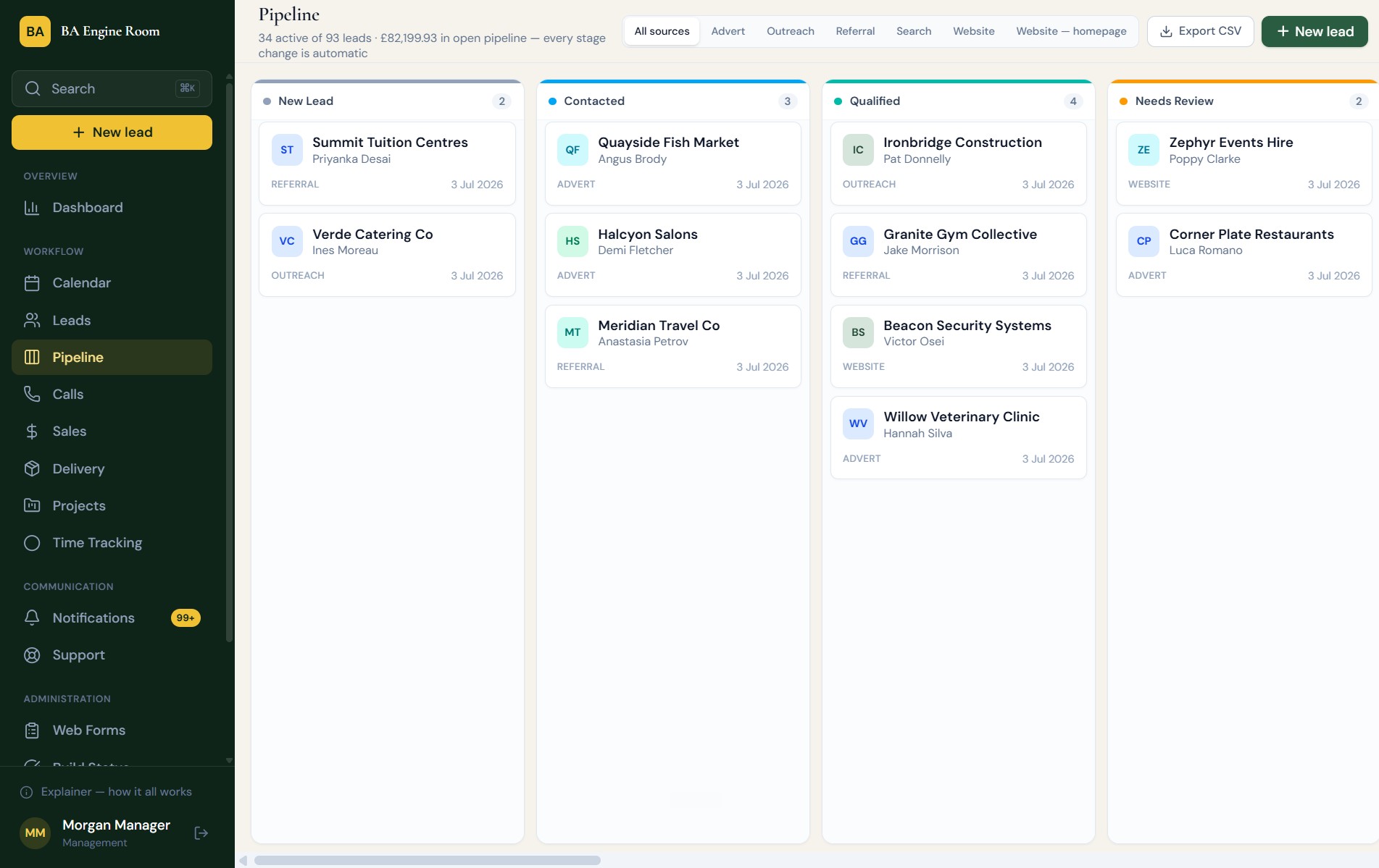 BA Engine Room sales pipeline with automatic stage changes