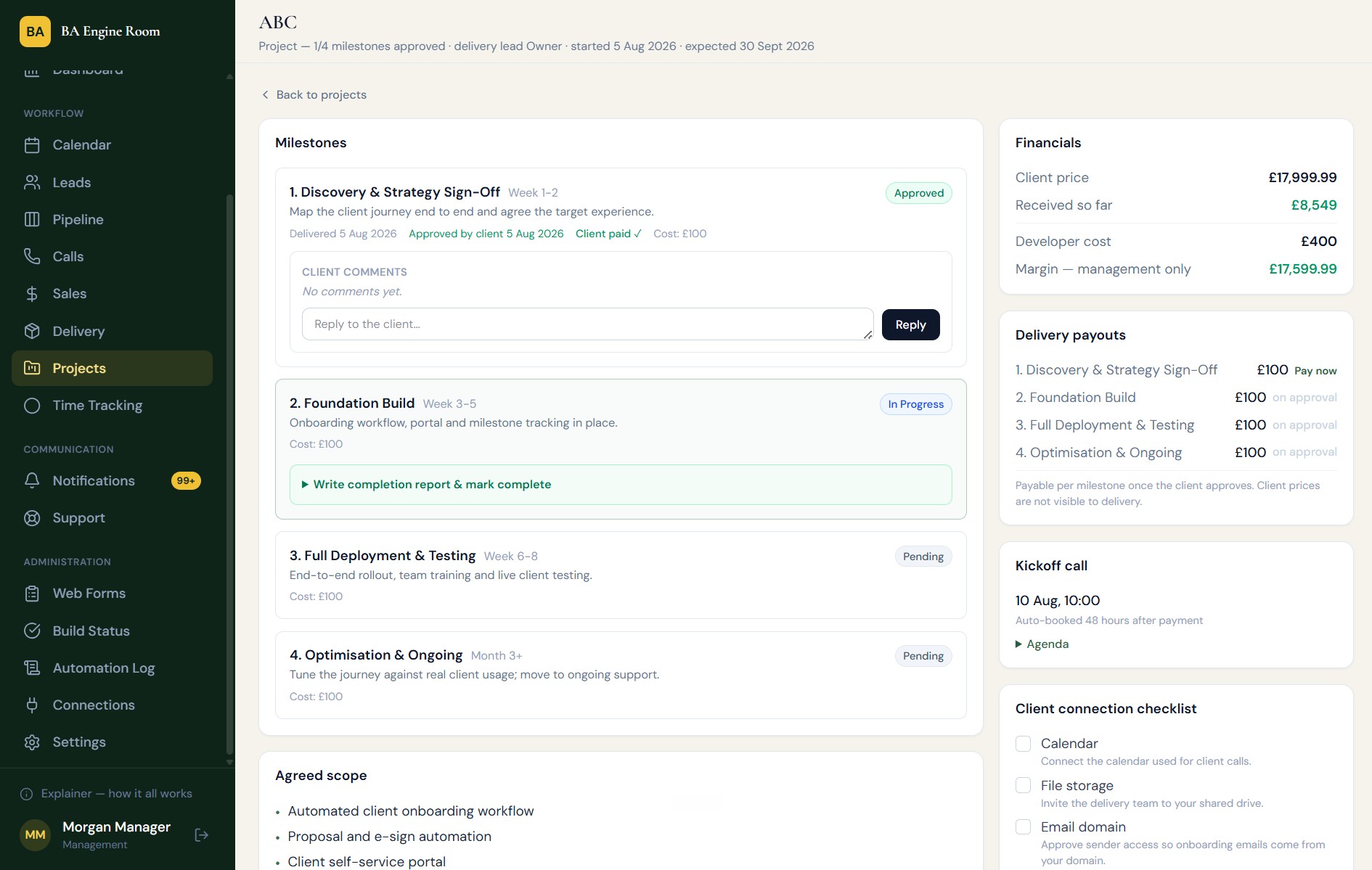 BA Engine Room project view with milestones and role-aware financials