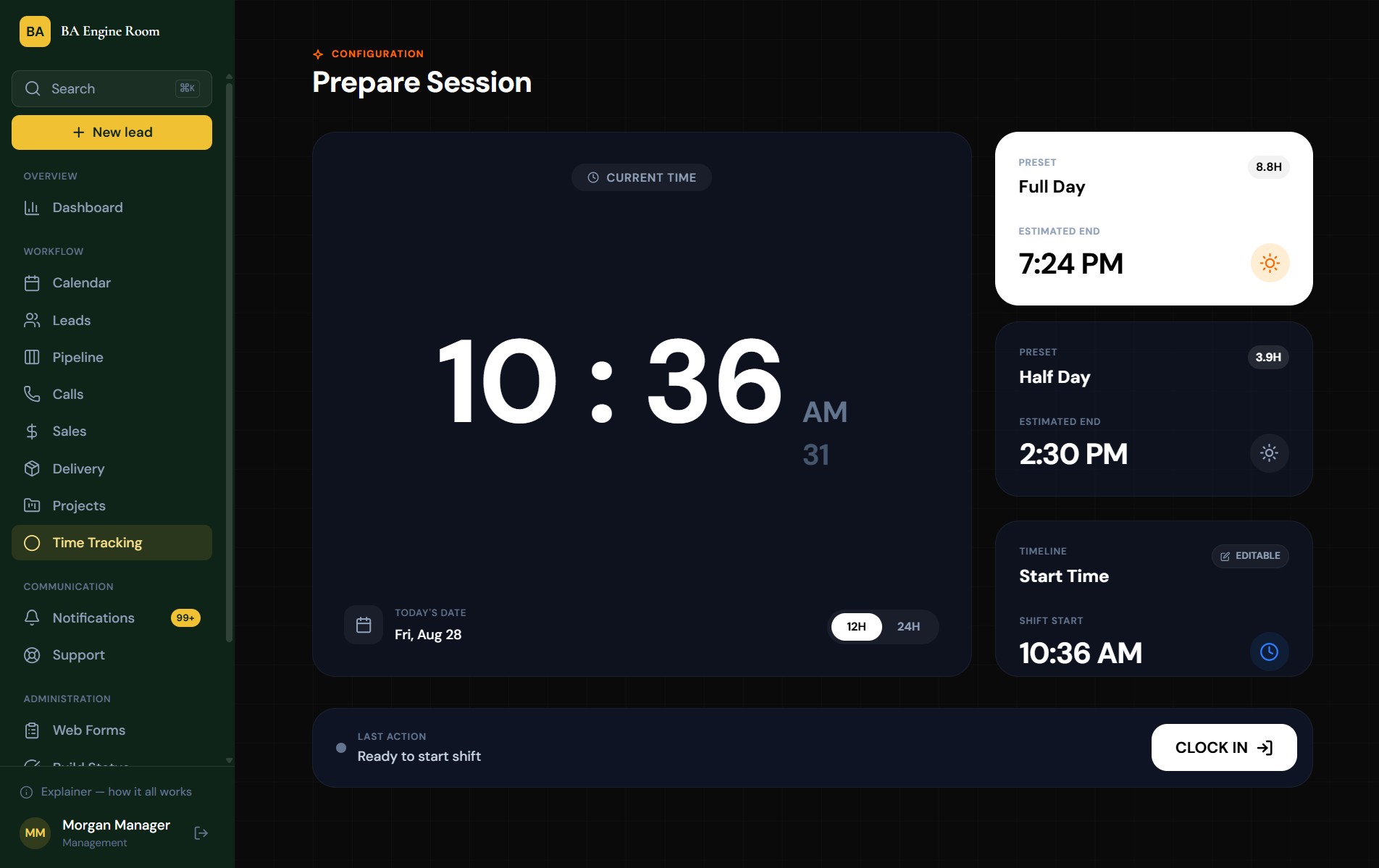 BA Engine Room time tracking clock-in screen