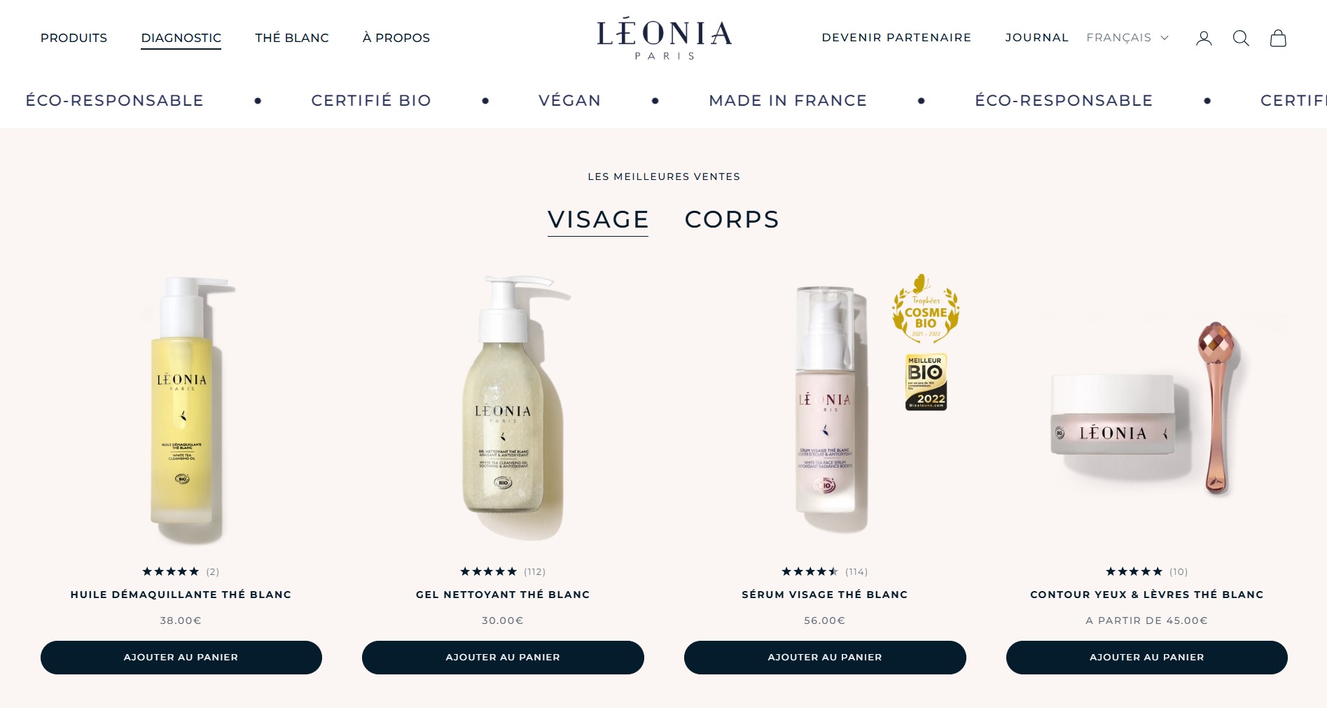 Léonia Paris bestsellers page — white-tea skincare range with Cosmébio certification