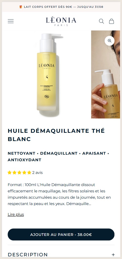 Léonia Paris product page on mobile with gift banner and reviews