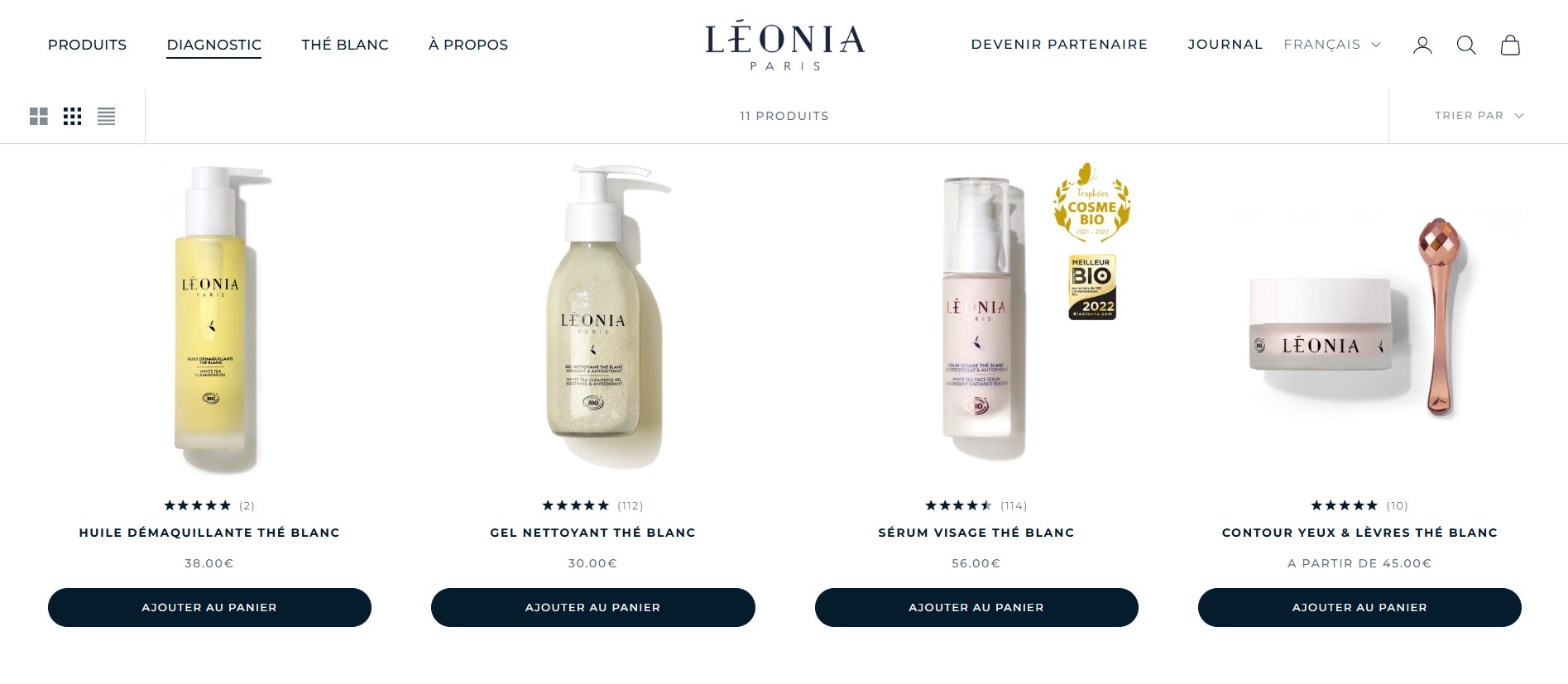 Léonia Paris product collection page with grid and list views