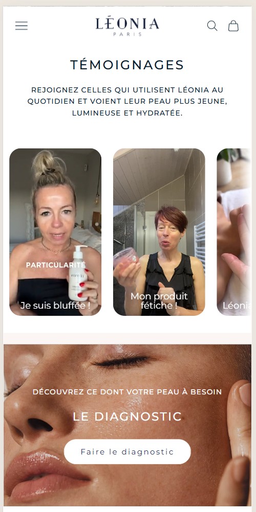 Léonia Paris testimonial reels and skin-diagnostic entry on mobile
