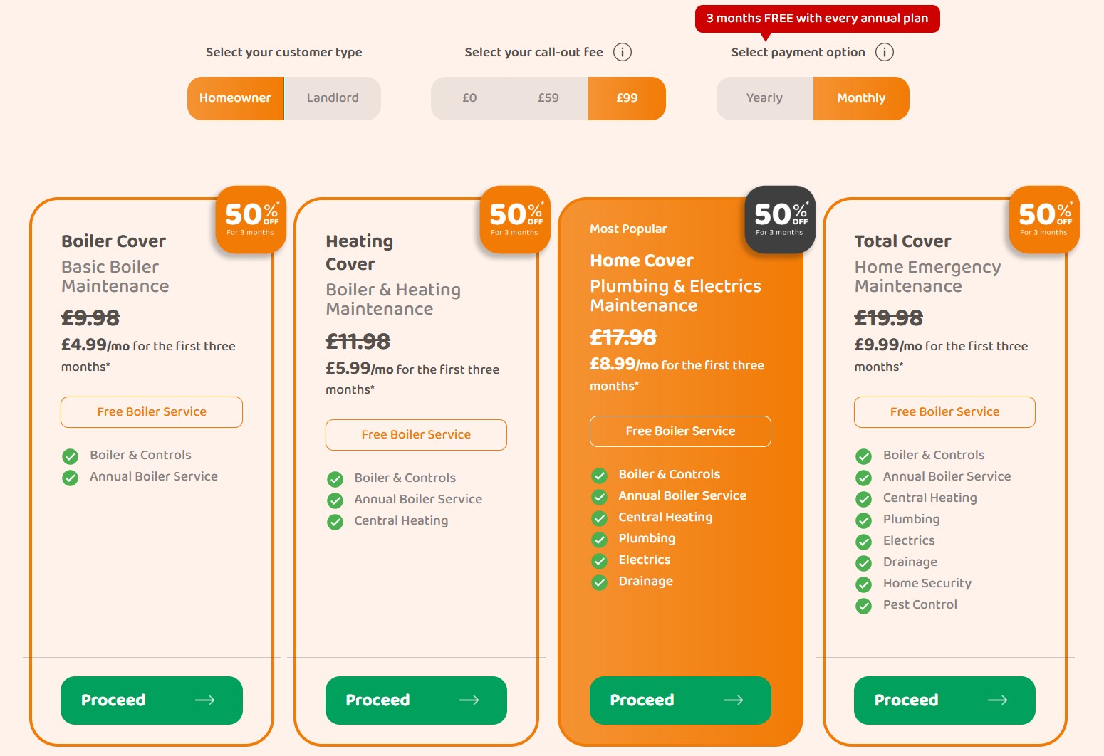 PlusHeat plan configurator — customer type, call-out fee and billing driving four cover tiers