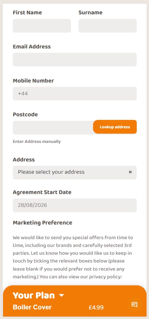 PlusHeat lead form on mobile with postcode address lookup and plan summary