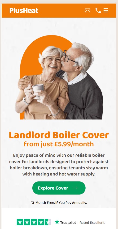 PlusHeat landlord cover on mobile with Trustpilot rating