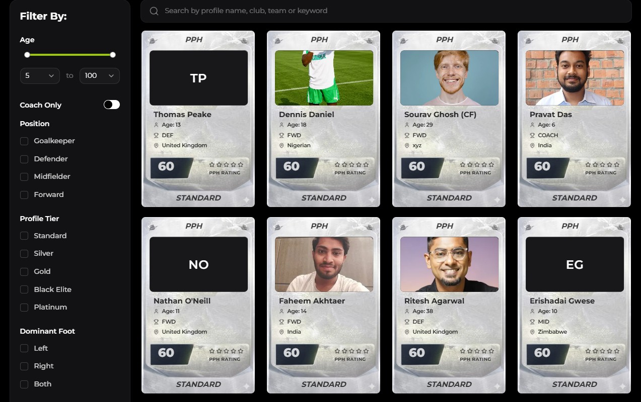 Player Profile Hub discovery grid with player cards and filters