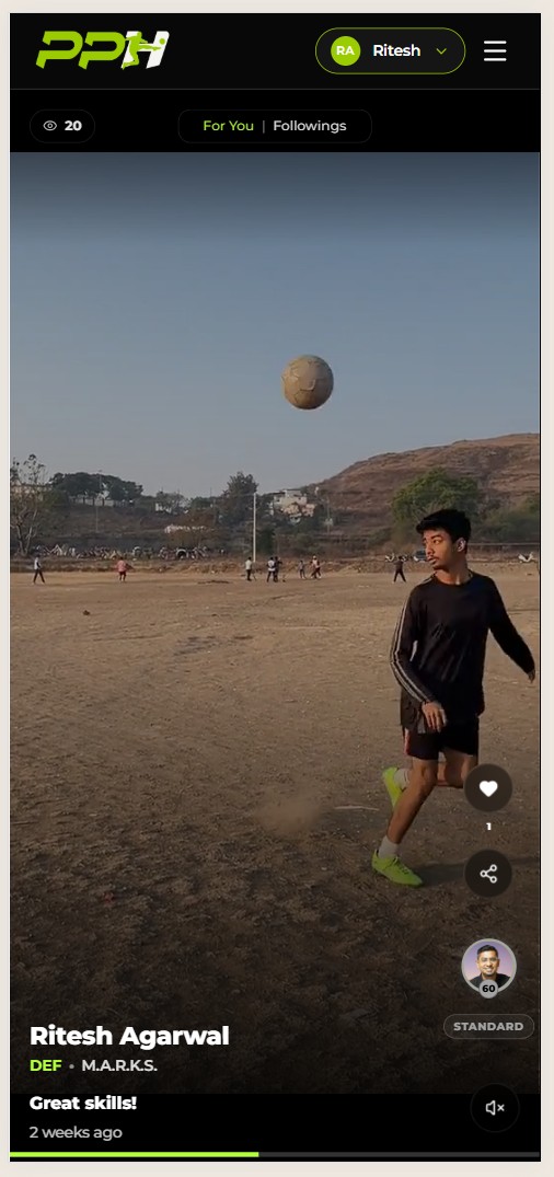 Player Profile Hub mobile highlight feed with a vertical video player