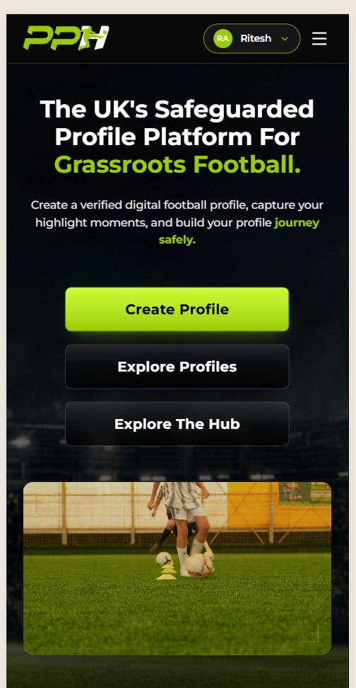 Player Profile Hub mobile home — create a verified profile, explore profiles and the Hub