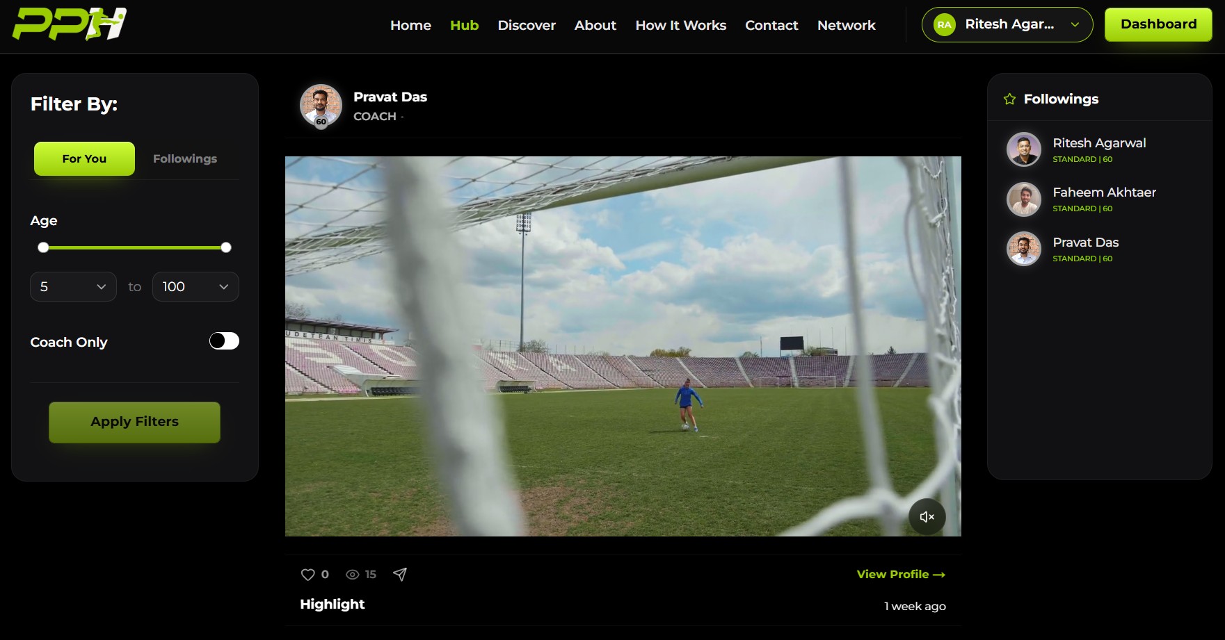 Player Profile Hub — the highlight feed with For You / Followings and filters