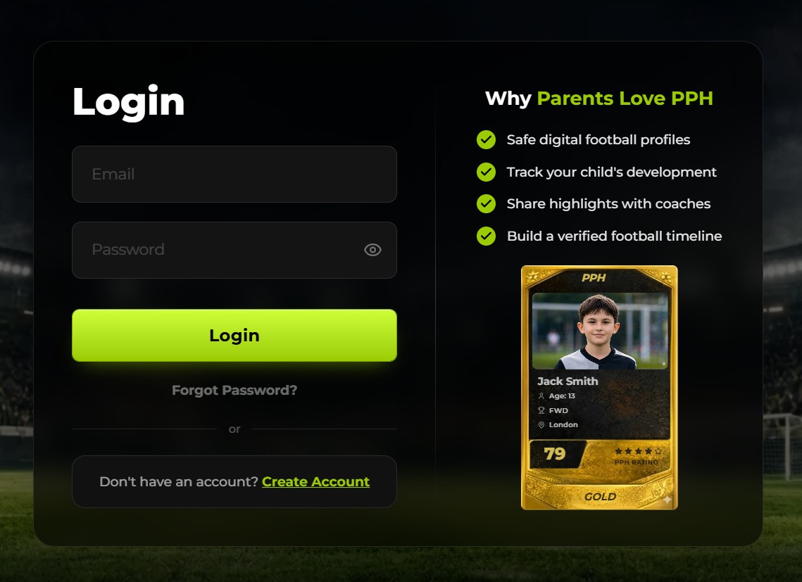 Player Profile Hub login with a Gold-tier player card and parent messaging