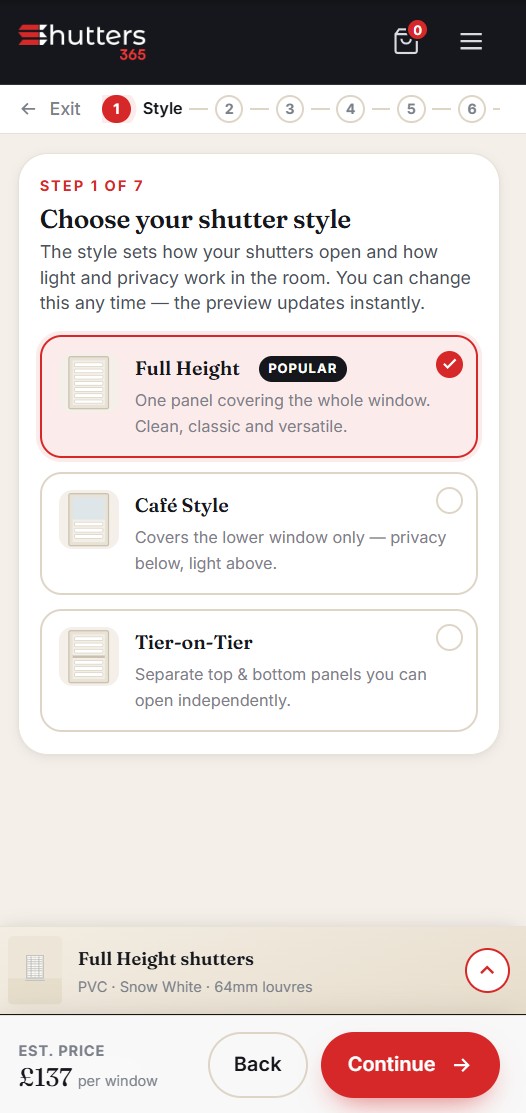 Shutters 365 configurator on mobile with a sticky price summary
