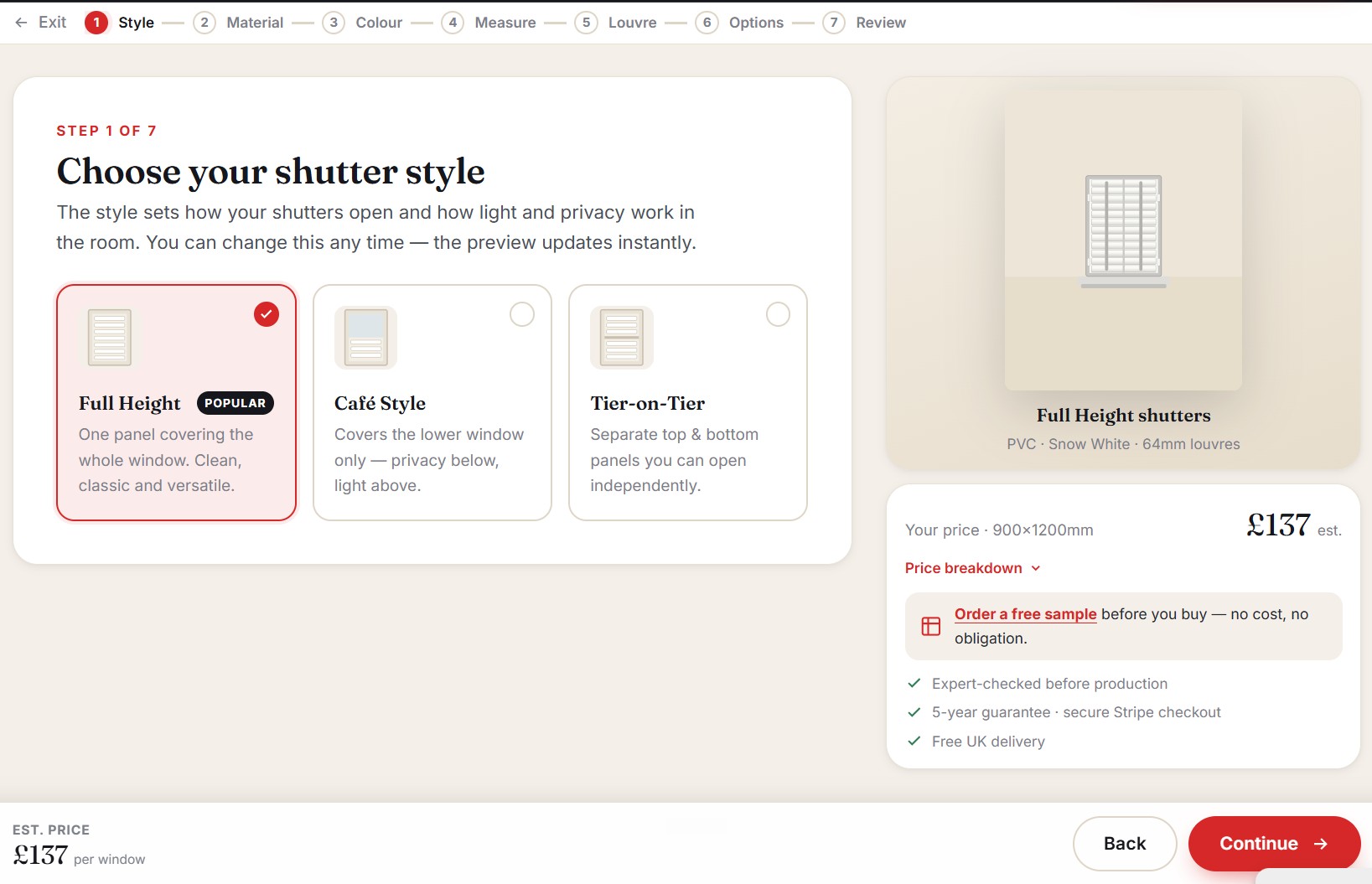 Shutters 365 configurator — choose your shutter style, with live preview and per-window price