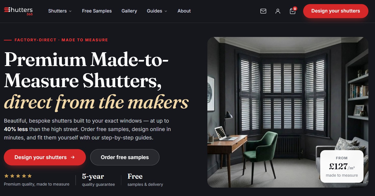 Shutters 365 homepage — premium made-to-measure shutters, direct from the makers