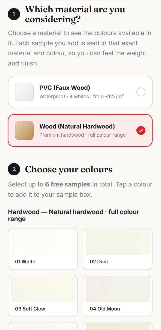 Shutters 365 free-samples flow on mobile with the hardwood colour range