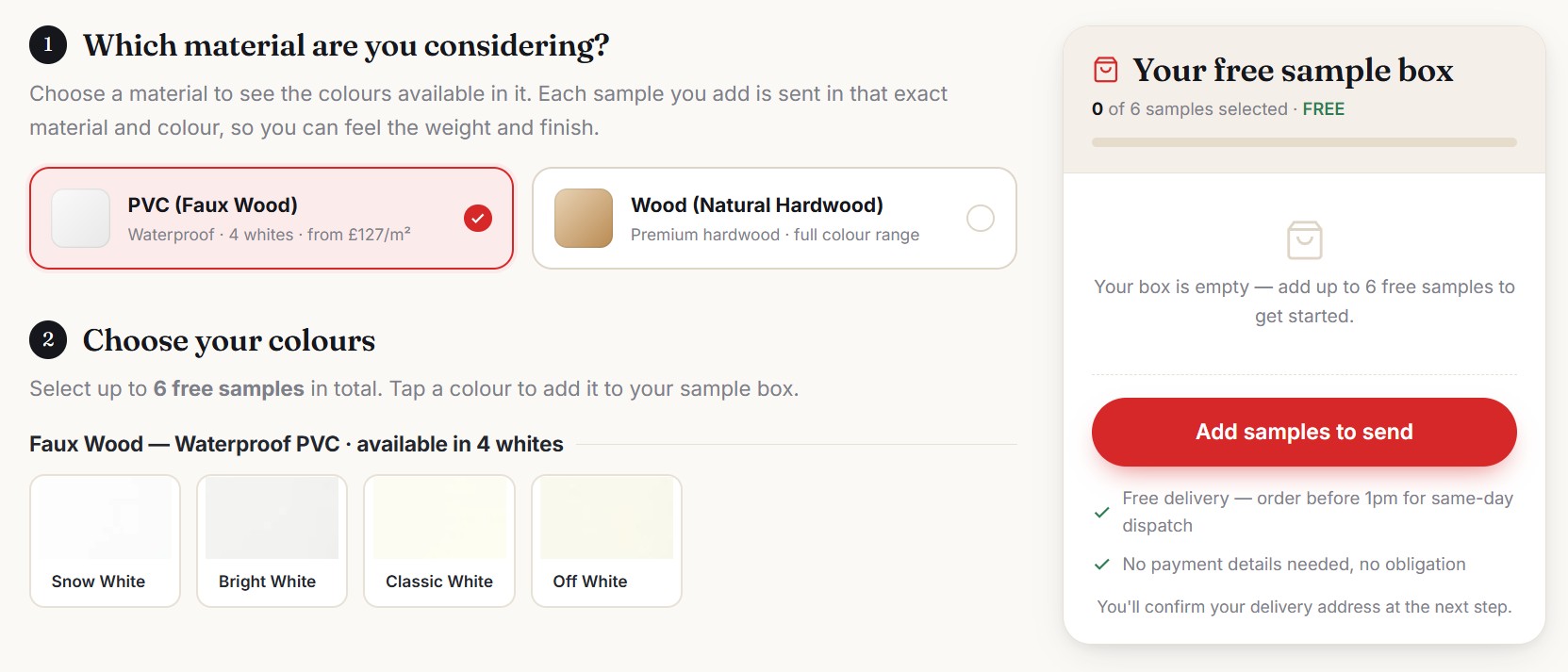 Shutters 365 free-samples flow — pick a material and up to six colour samples